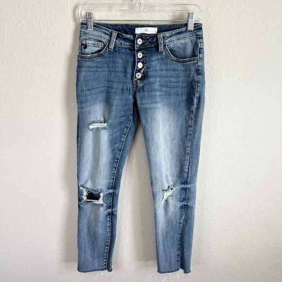 Kancan Claire Jeans Women's 1/24 Mid Rise Boyfriend Distressed Raw Hem Stretch - Picture 2 of 7